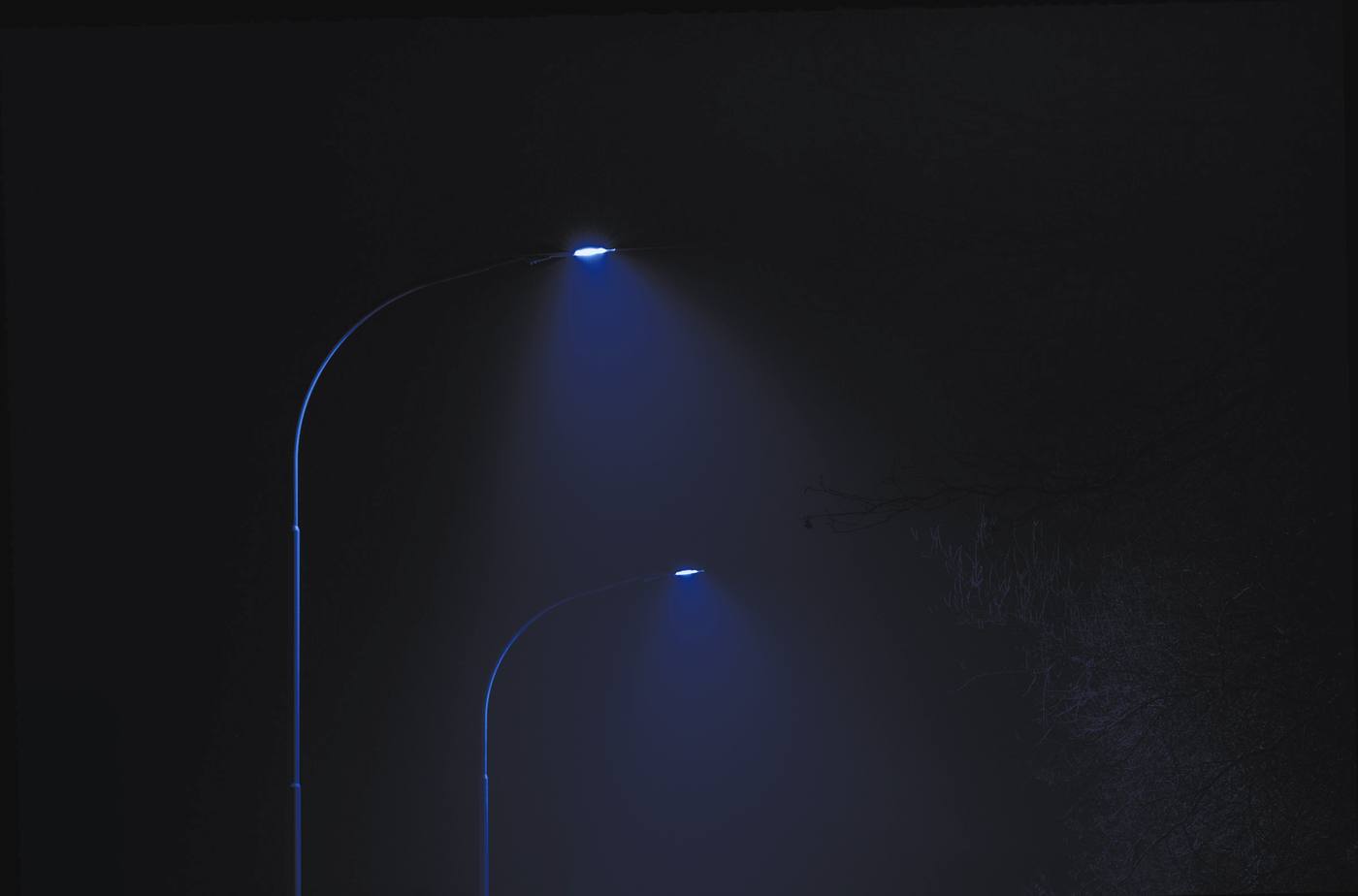 Dos farolas curvas encendidas sobre un camino oscuro, en tonos de azul