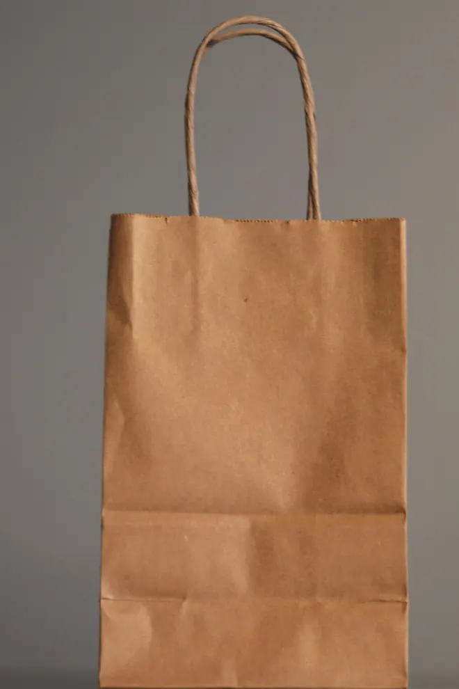 Bolsa de papel kraft con asas de cuerda sobre fondo gris
