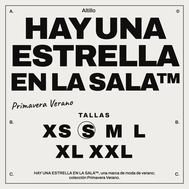 Cartel tipográfico en negro sobre papel claro con la frase «Hay una estrella en la sala» y una tabla de tallas