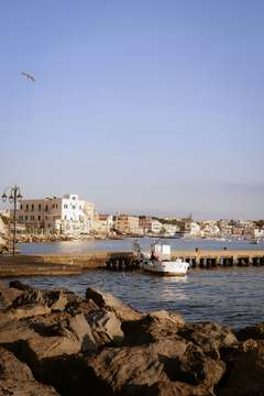 Roca y muelle con casas blancas al fondo