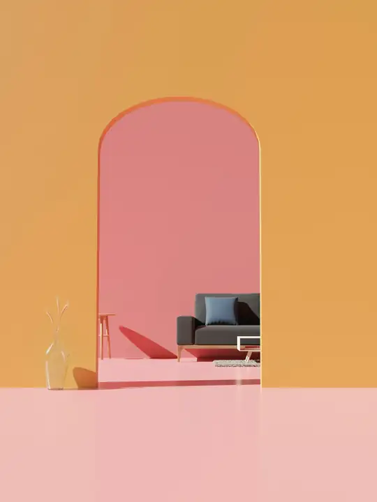 Arco rosa sobre un muro amarillo, con un sillón al fondo