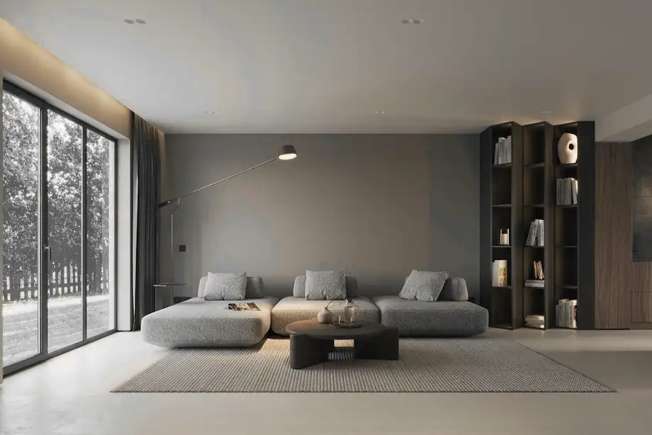 Sala de estar moderna con un gran ventanal