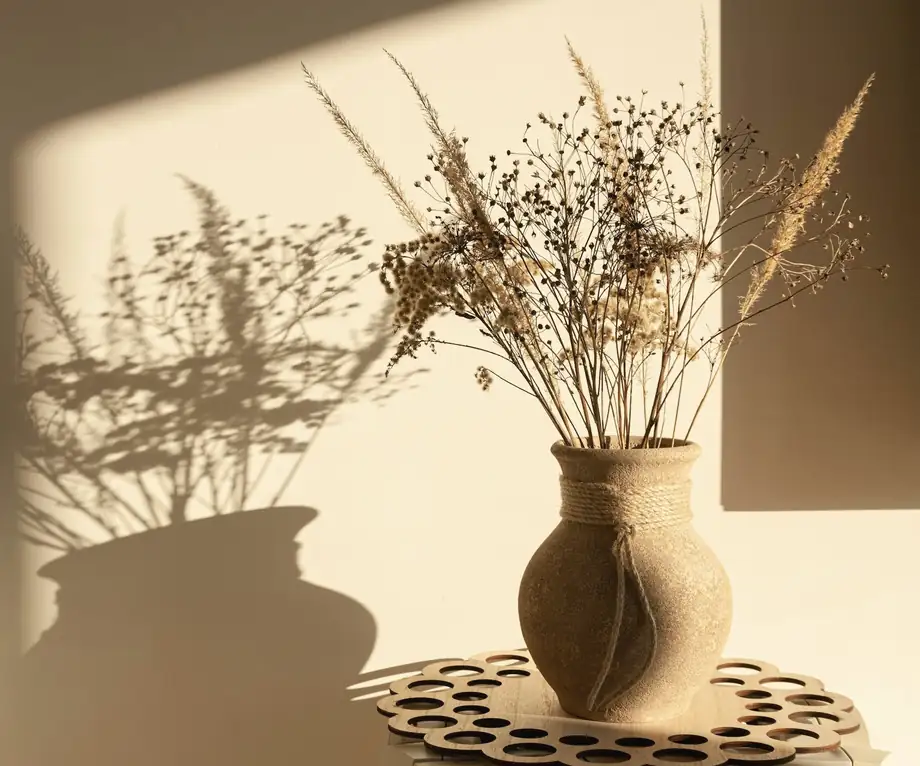 Jarrón de cerámica con flores secas y su sombra sobre la pared