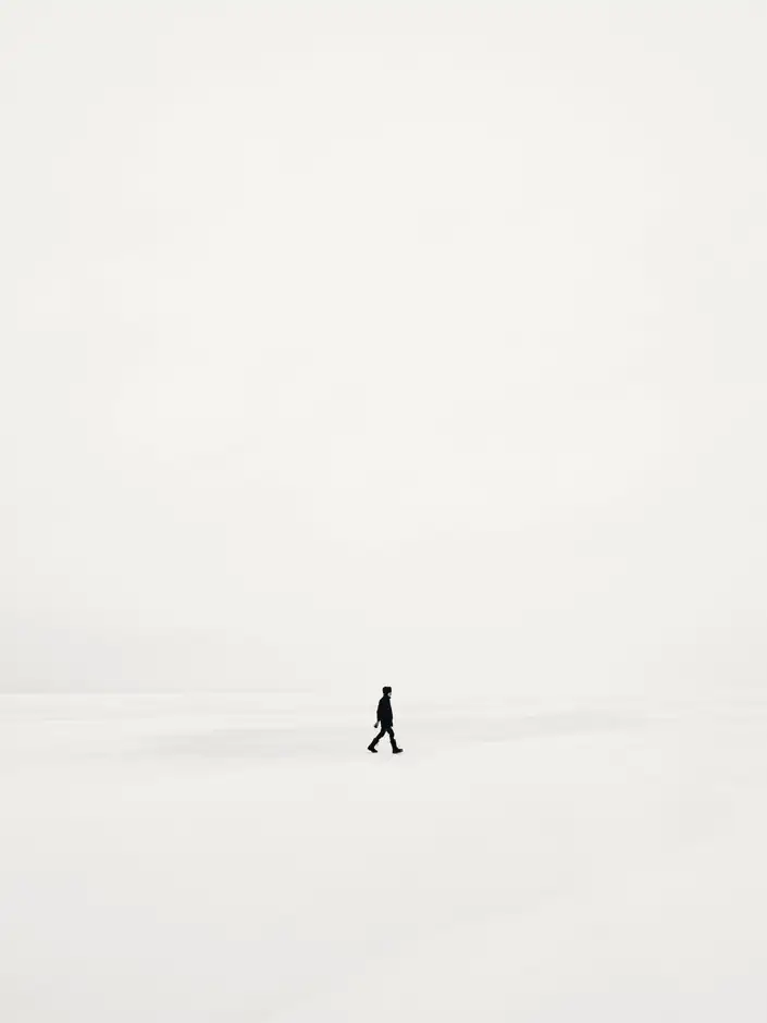 Una figura diminuta camina sobre un campo de nieve