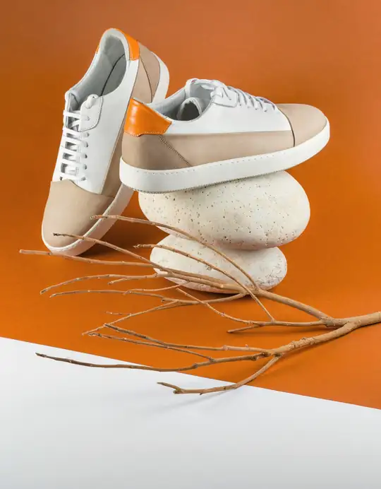 Zapatilla sobre un montón de piedras, con ramas secas y papel naranja