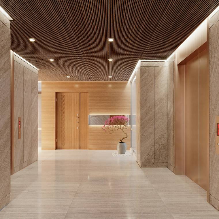 Señalética para una sala: pasillo con cielo de listones de madera y puertas de madera clara