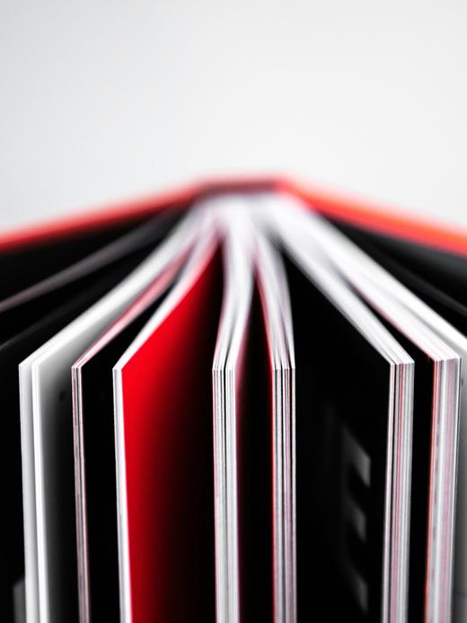 Hojas de un libro abiertas en abanico, con una guarda roja