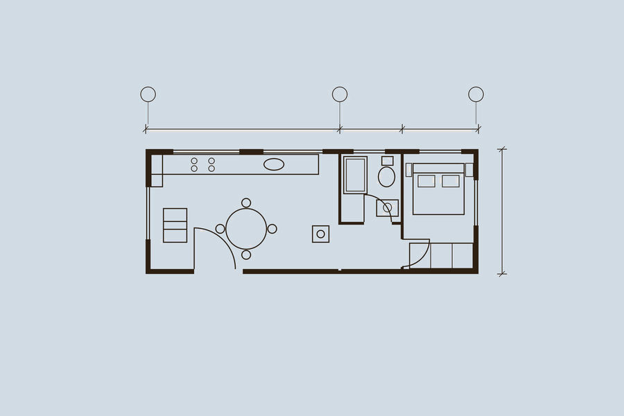 Plano de planta de una casa modular dibujado en línea fina sobre fondo azul grisáceo