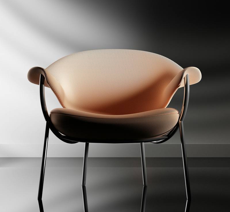 Silla de carcasa color durazno sobre patas de varilla negra, frente a un fondo gris