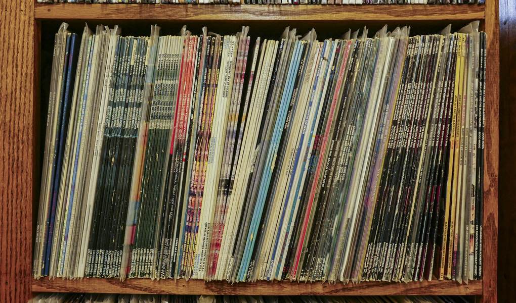 Estante de madera lleno de discos de vinilo