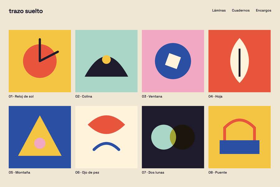 Sitio de un ilustrador con ocho láminas geométricas de colores