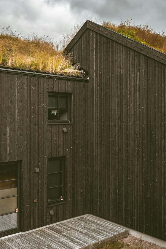 Casa de madera oscura con techo de pasto bajo un cielo nublado