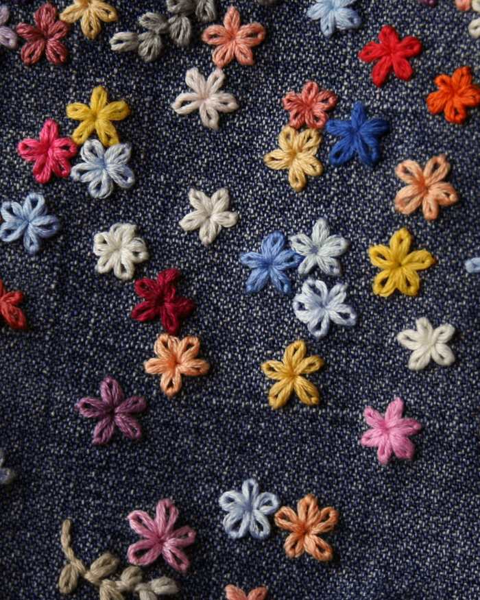 Flores bordadas en lana de colores sobre mezclilla oscura