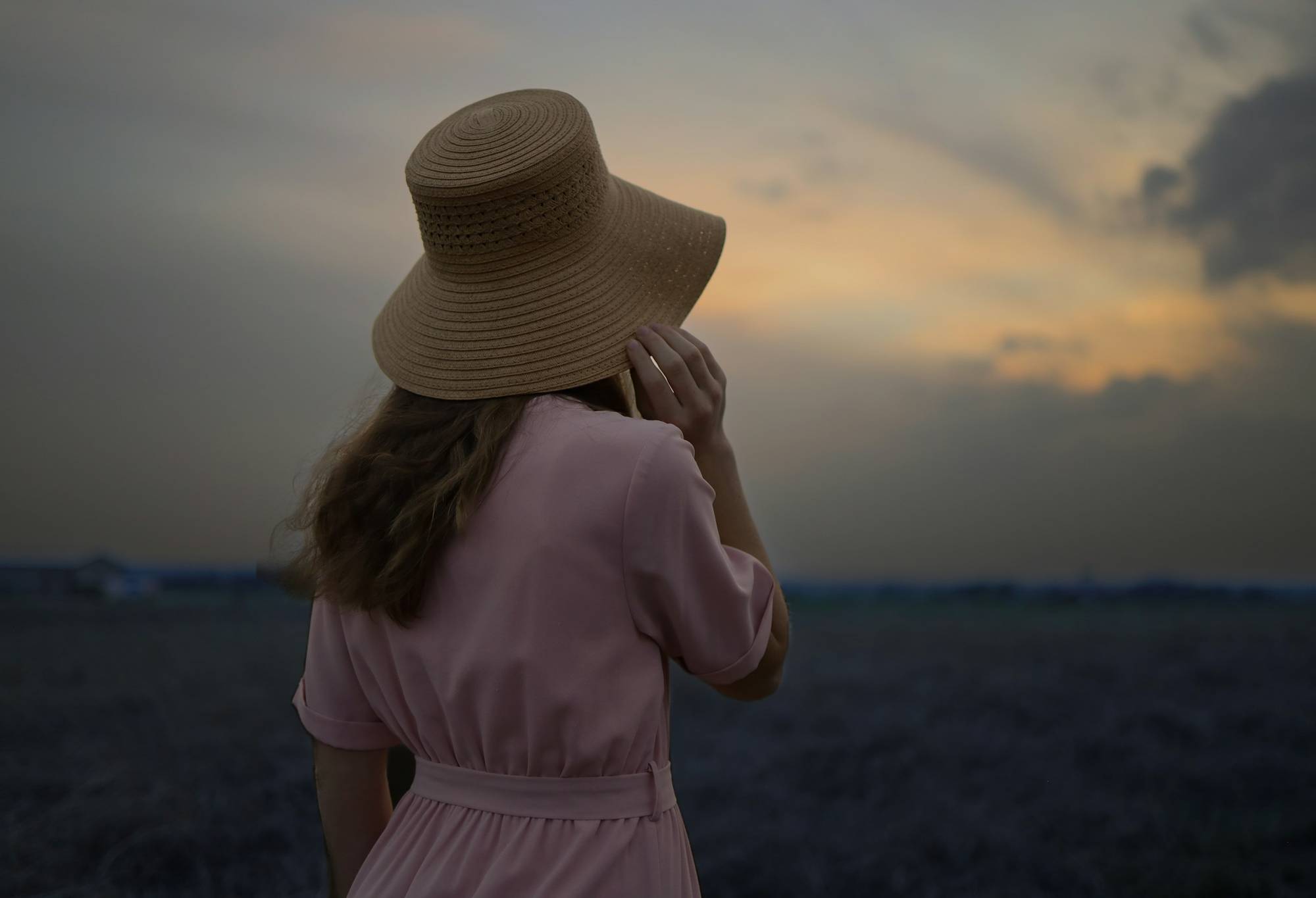 Figura de espaldas con sombrero de paja en un campo al atardecer