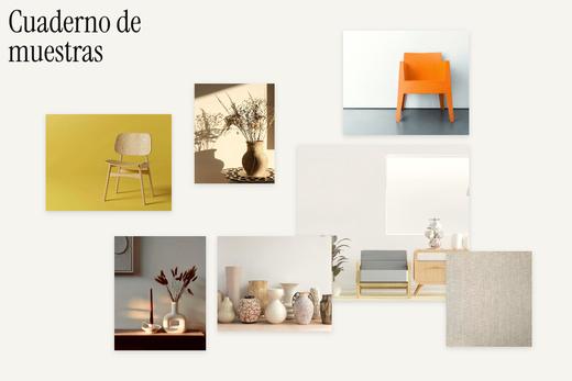 Collage de fotografías de muebles y objetos dispersas sobre fondo claro