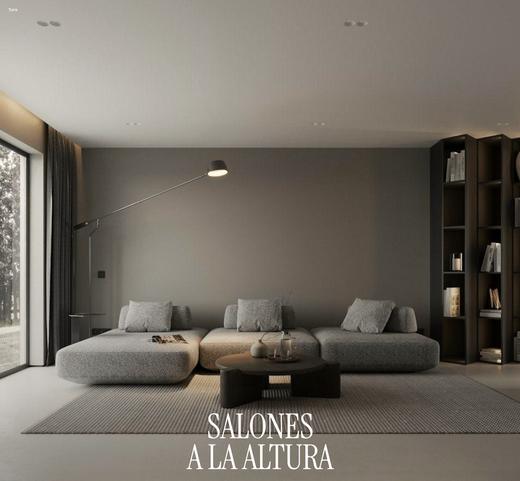 Fotografía de una sala con ventanal frente a la ciudad y el título «Salones»