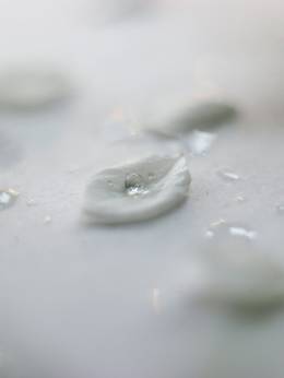 Pétalos blancos con gotas de agua sobre una superficie clara