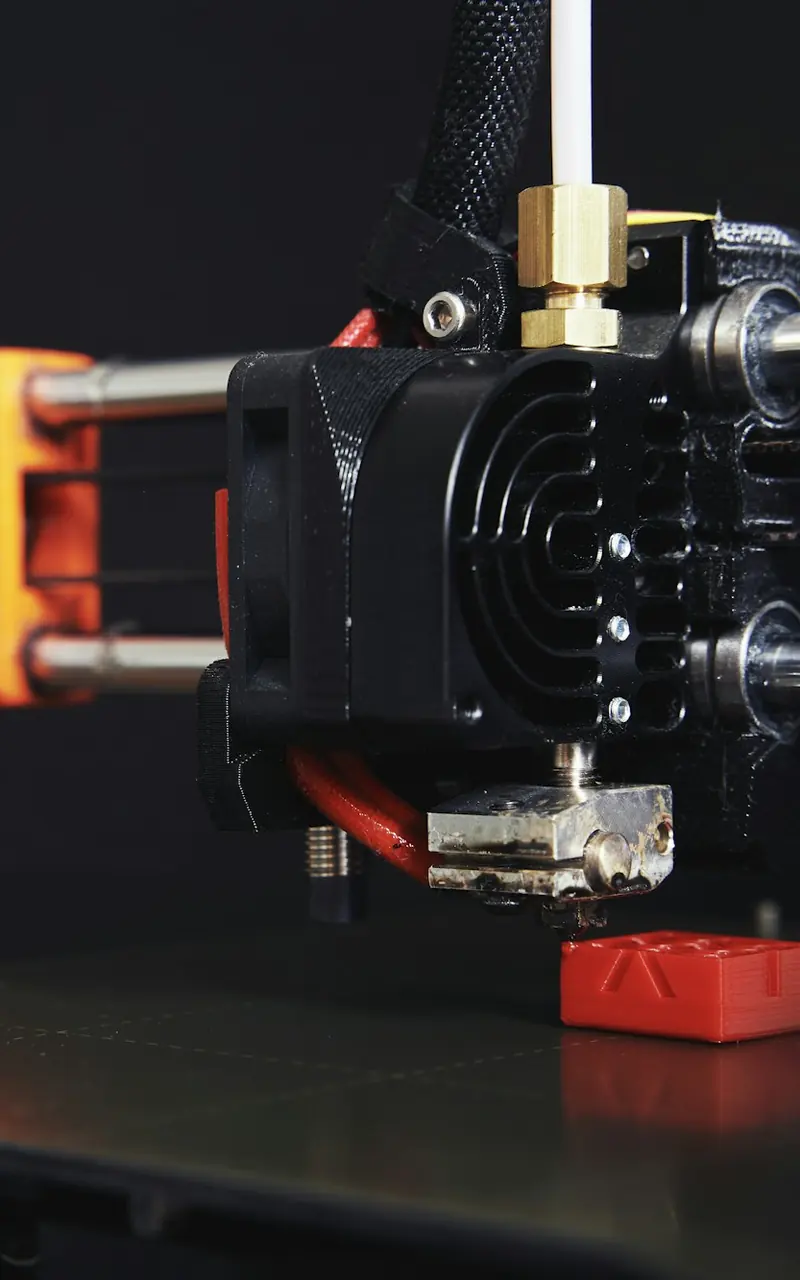 Cabezal de una impresora 3D sobre la cama negra, junto a una pieza roja