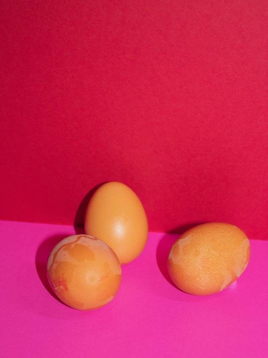 Dos huevos color durazno sobre un fondo fucsia y rojo