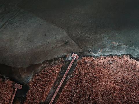 Orilla oscura de agua con costra de sal y tierra rojiza, vista aérea