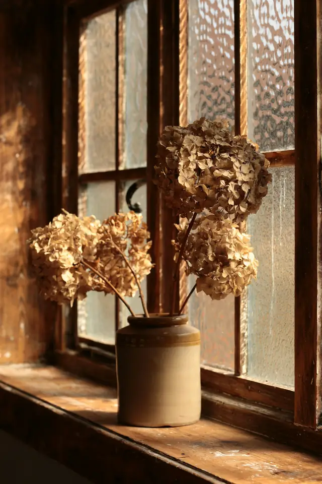 Hortensias secas en un jarro de cerámica junto a una ventana