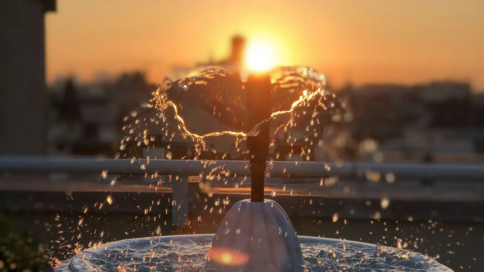 Chorros de una fuente con el sol bajo
