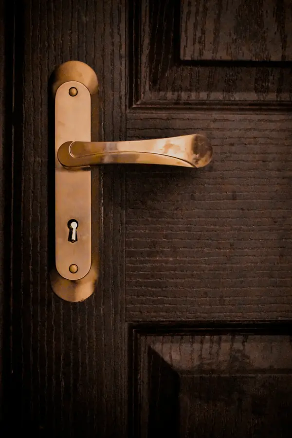 Manilla dorada de una puerta sobre madera oscura