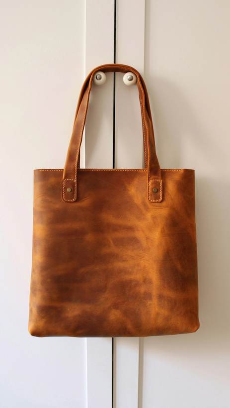 Bolso de cuero caramelo colgado de una puerta blanca