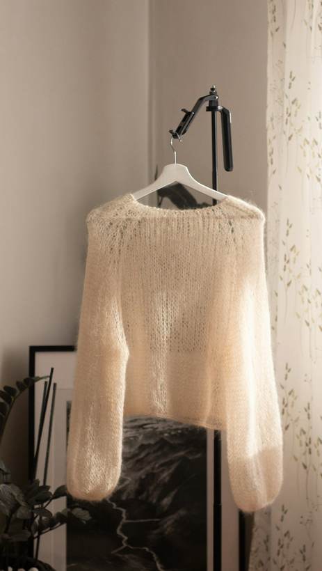 Suéter de mohair claro colgado junto a una cortina