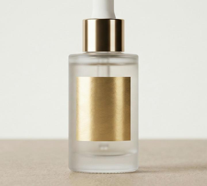 Frasco de vidrio esmerilado con collar dorado y etiqueta lisa, sobre una mesa clara