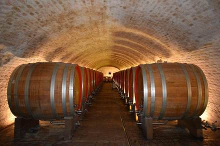 Túnel de bodega con barricas a ambos lados