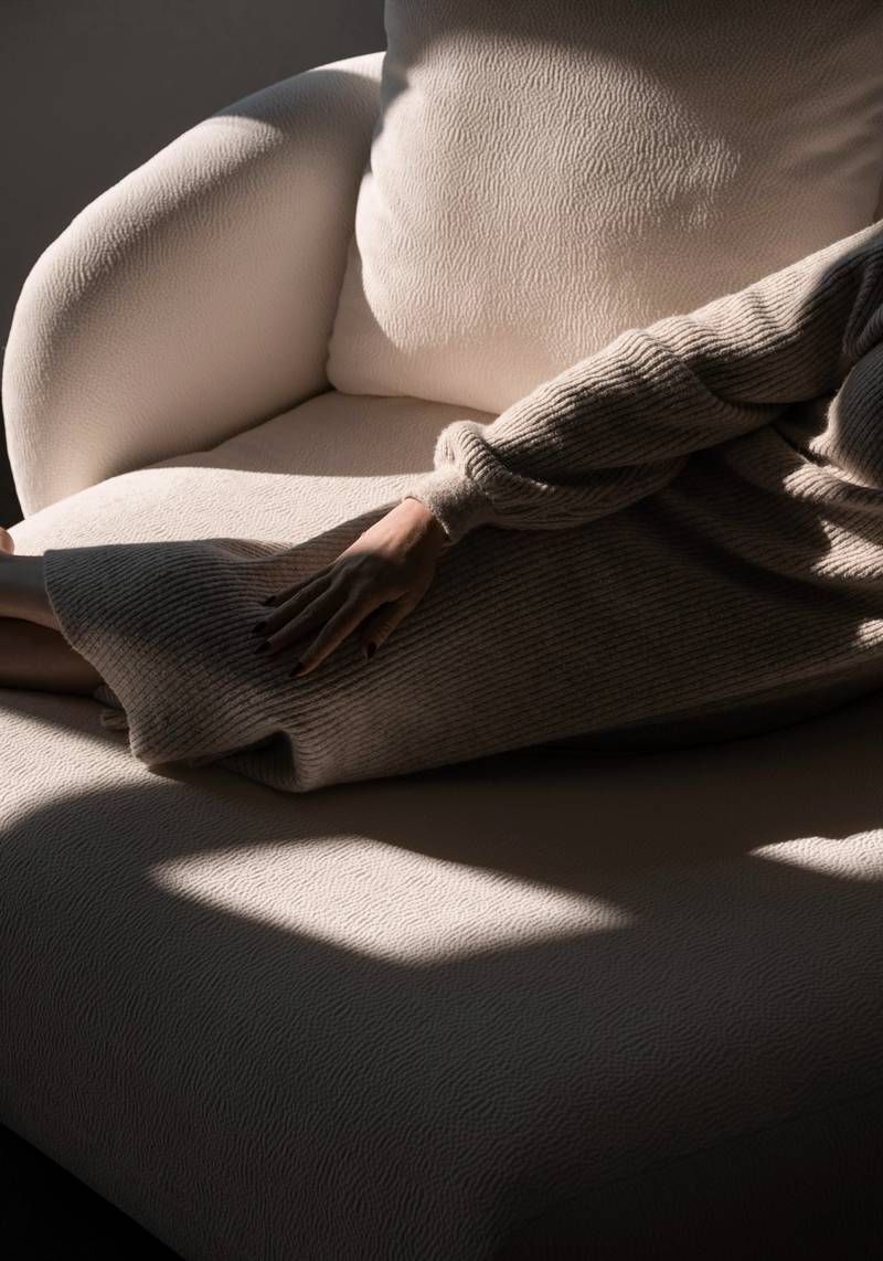 Sillón de tela clara con pliegues, entre sombra y luz