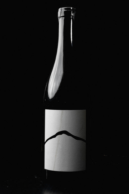 Botella oscura con etiqueta blanca sobre un fondo negro