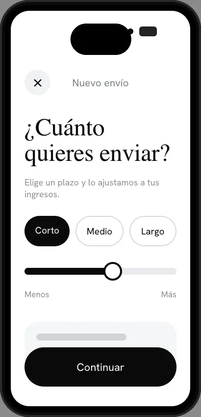 Pantalla de un nuevo envío de dinero con un deslizador para elegir el plazo