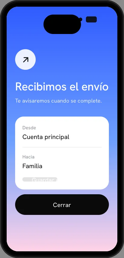 Pantalla de confirmación de un envío recibido, con degradado azul