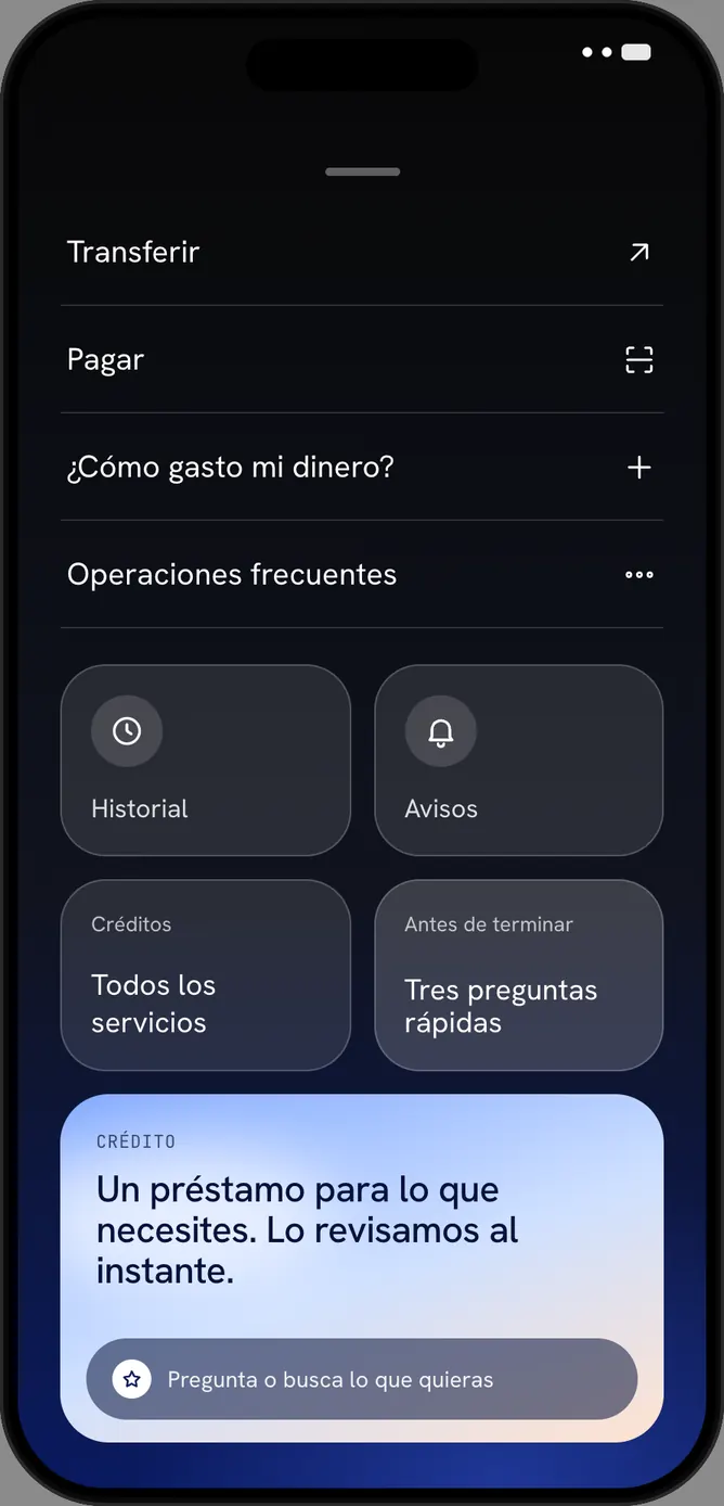 Pantalla de pagos de la aplicación del banco: lista de acciones y accesos a historial, avisos y servicios