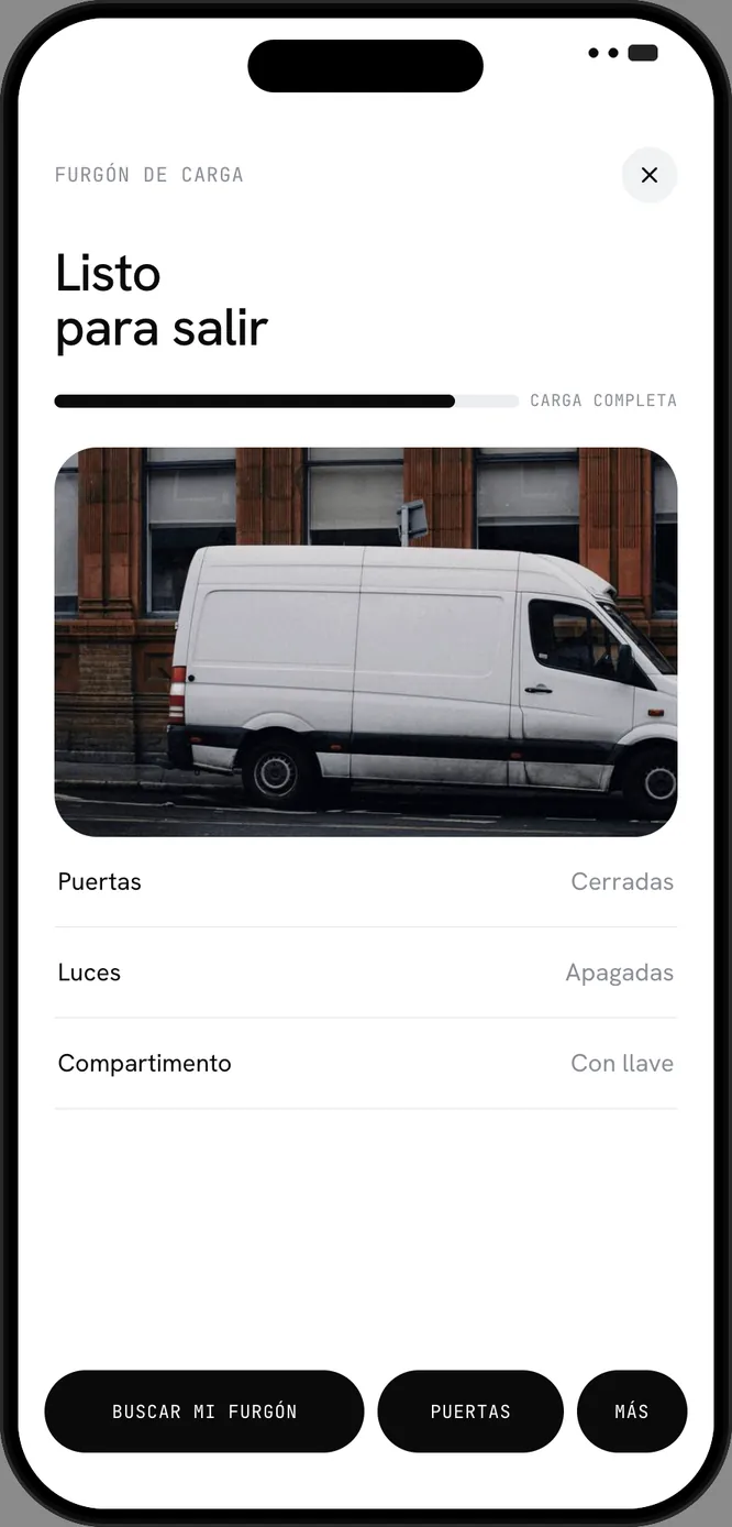 Pantalla móvil de un furgón de carga: listo para salir, con carga completa, puertas y luces