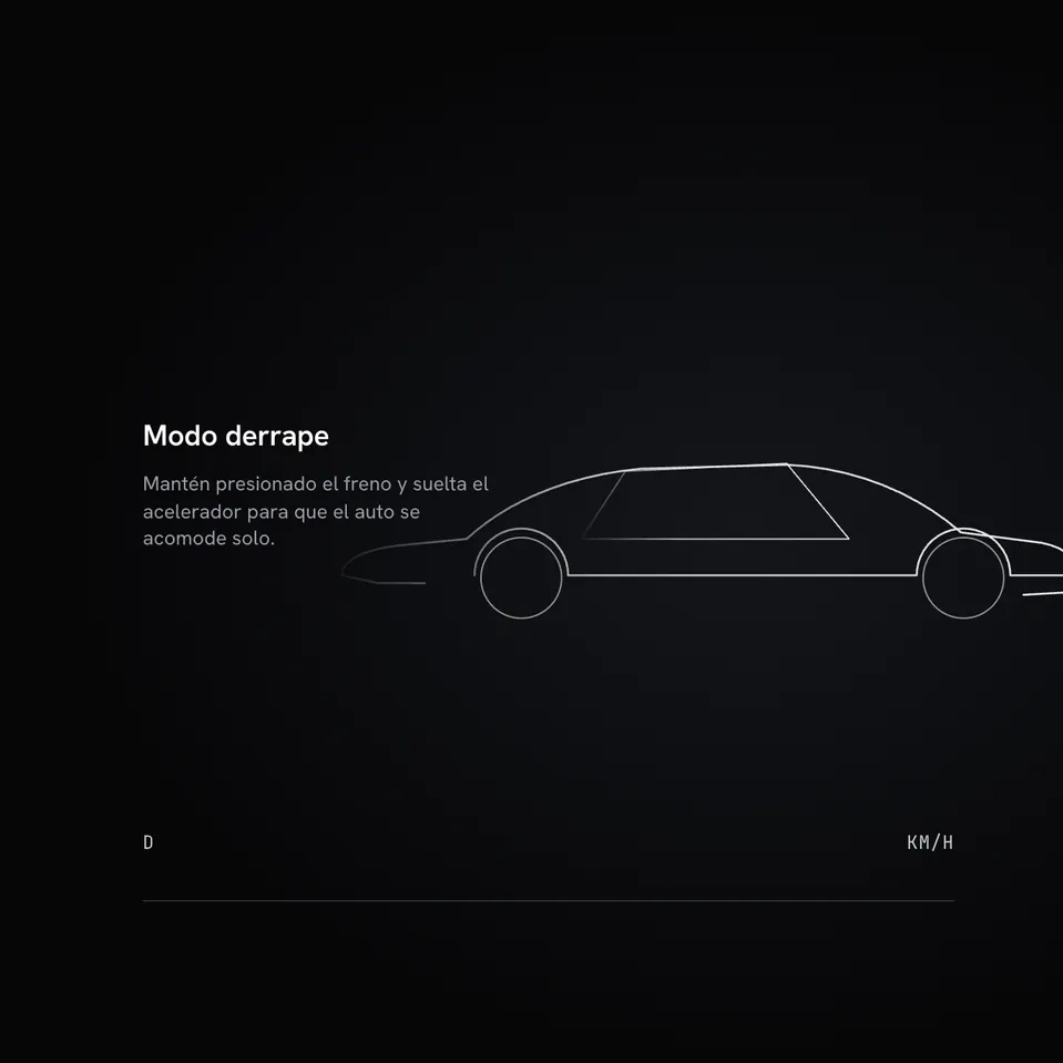 Pantalla oscura del modo derrape, con el contorno de un clásico eléctrico en líneas finas