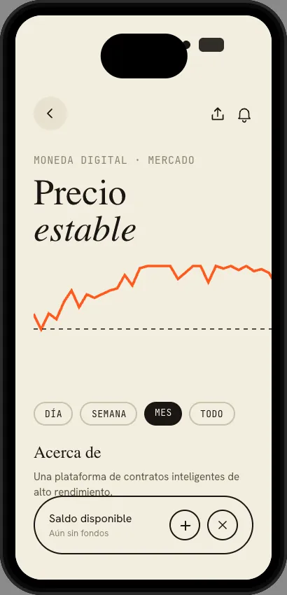 Pantalla móvil crema con el precio estable de una moneda digital y un gráfico naranja