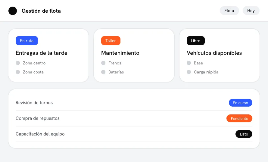 Panel de gestión de flota con entregas, mantenimiento y vehículos libres