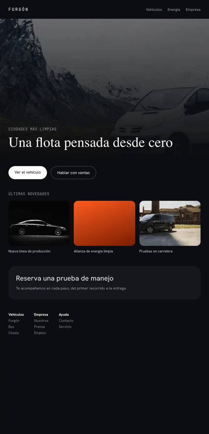 Página web oscura del fabricante: una flota pensada desde cero, novedades y una invitación a probar el vehículo