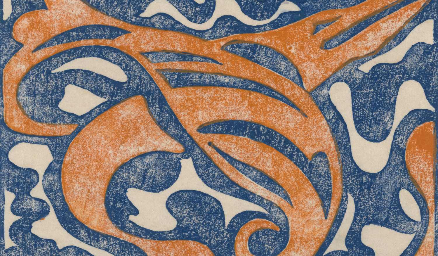 Grabado de formas curvas en naranja y azul sobre papel claro