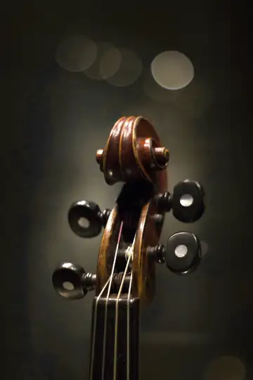 Voluta y clavijas de un violonchelo, con luces desenfocadas al fondo