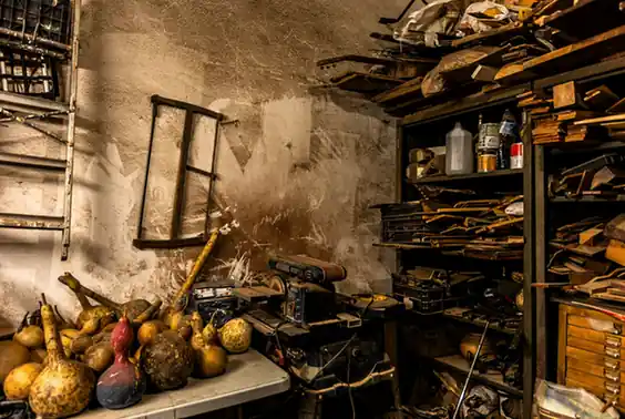 Rincón de un taller con estantes de maderas y herramientas