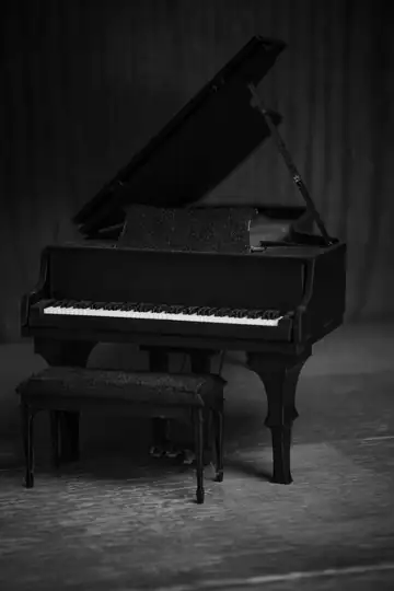 Piano de cola cerrado en una sala oscura, con su banqueta