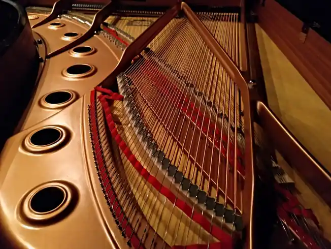 Arpa de hierro dorada de un piano de cola, con sus cuerdas