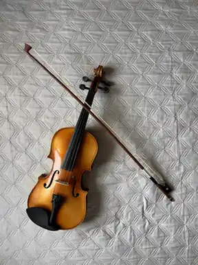 Violín y arco sobre una colcha gris